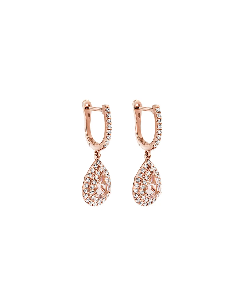 Pear Cut Morganite Gemstone and 0.40 Carat TW Diamond Halo Huggie Drop Earrings in 10kt Rose Gold