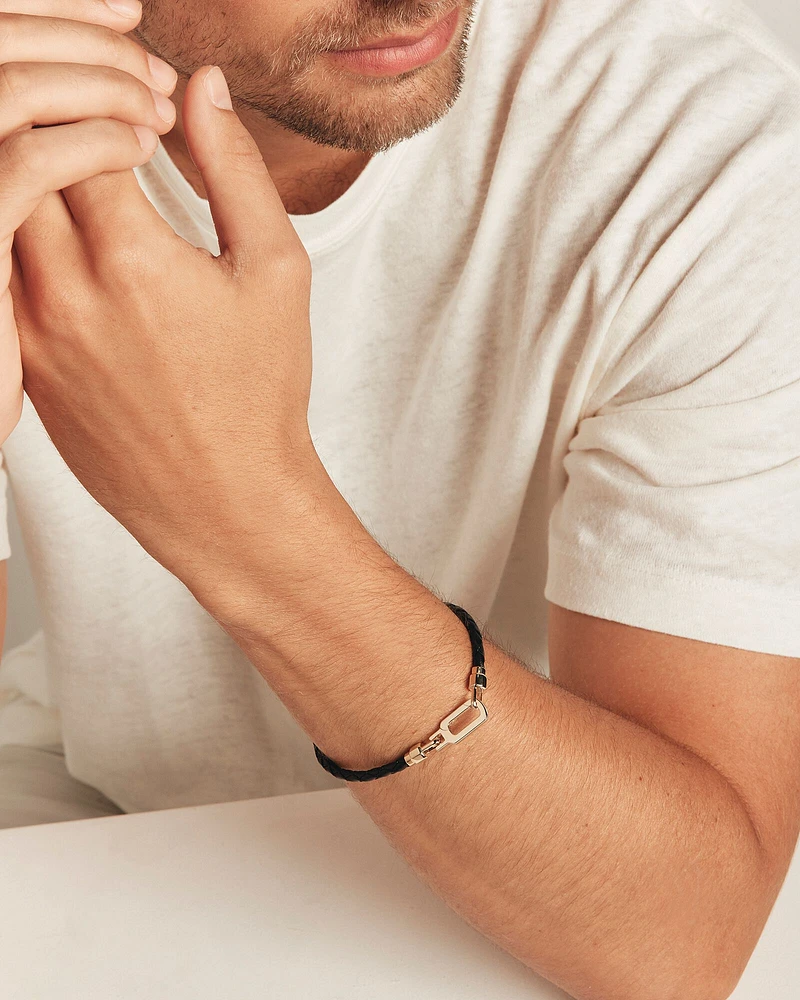 Men's Black Leather Braided Bracelet with 10kt Yellow Gold