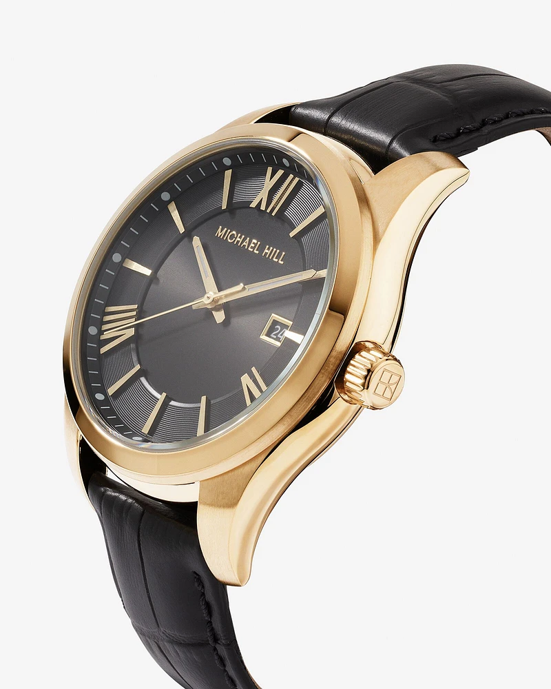 Men's Watch in Stainless Steel, Gold Tone & Black Leather