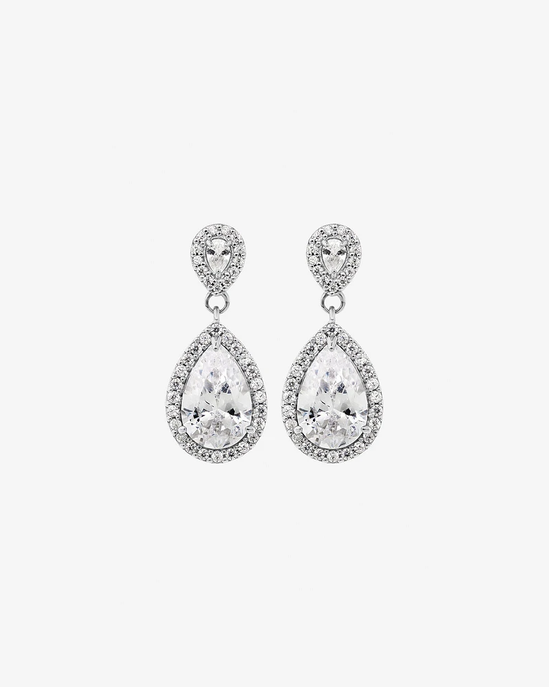 Pear Cubic Zirconia Halo Drop Stud Earrings in Sterling Silver