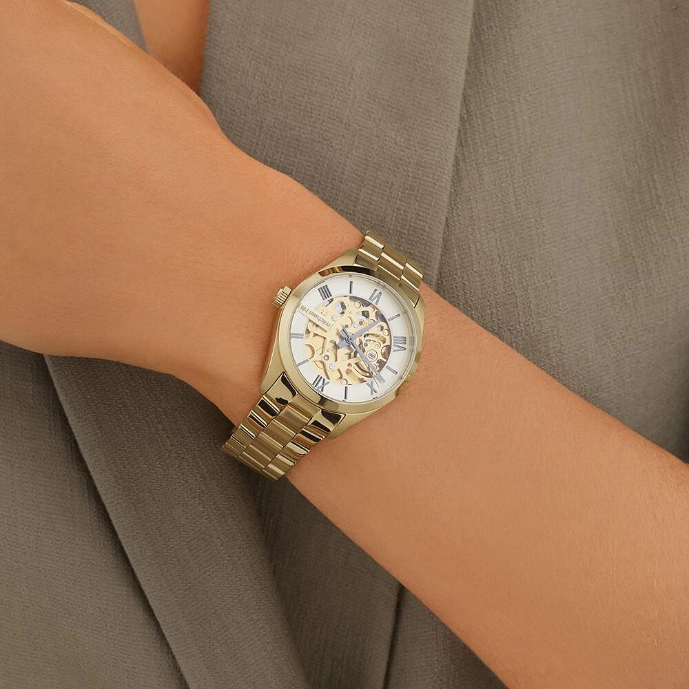 Montre automatique pour femme à mécanisme apparent en acier inoxydable doré