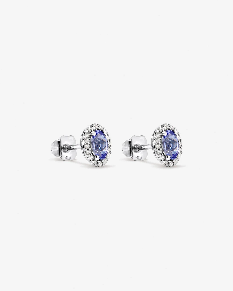 Boucles D'Oreilles Halo Avec Tanzanite Bleue Taille Ovale Et 0,12 Carat Pt De Diamants En Or Blanc 10 Ct