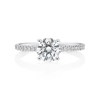 1.14 Carat TW of Diamonds Engagement Ring with a 1 Carat Round Centre Laboratory-Grown Diamond and shouldered by 0.14 Carat TW of Natural Diamonds in 14kt White Gold