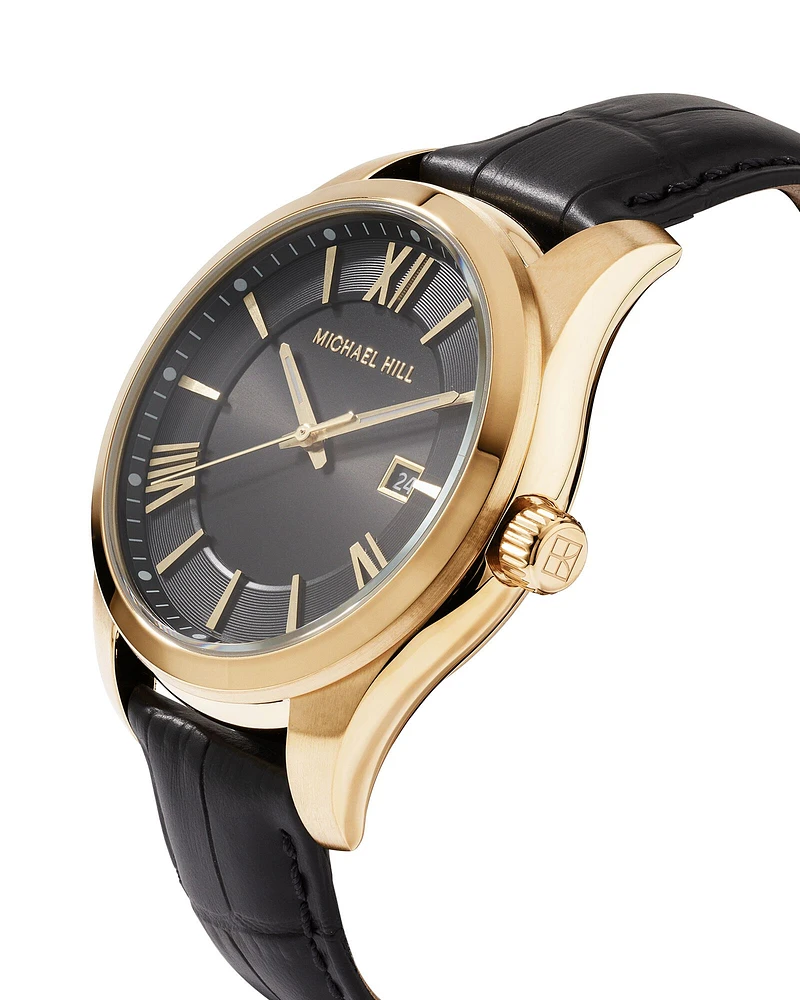 Men's Watch in Stainless Steel, Gold Tone & Black Leather