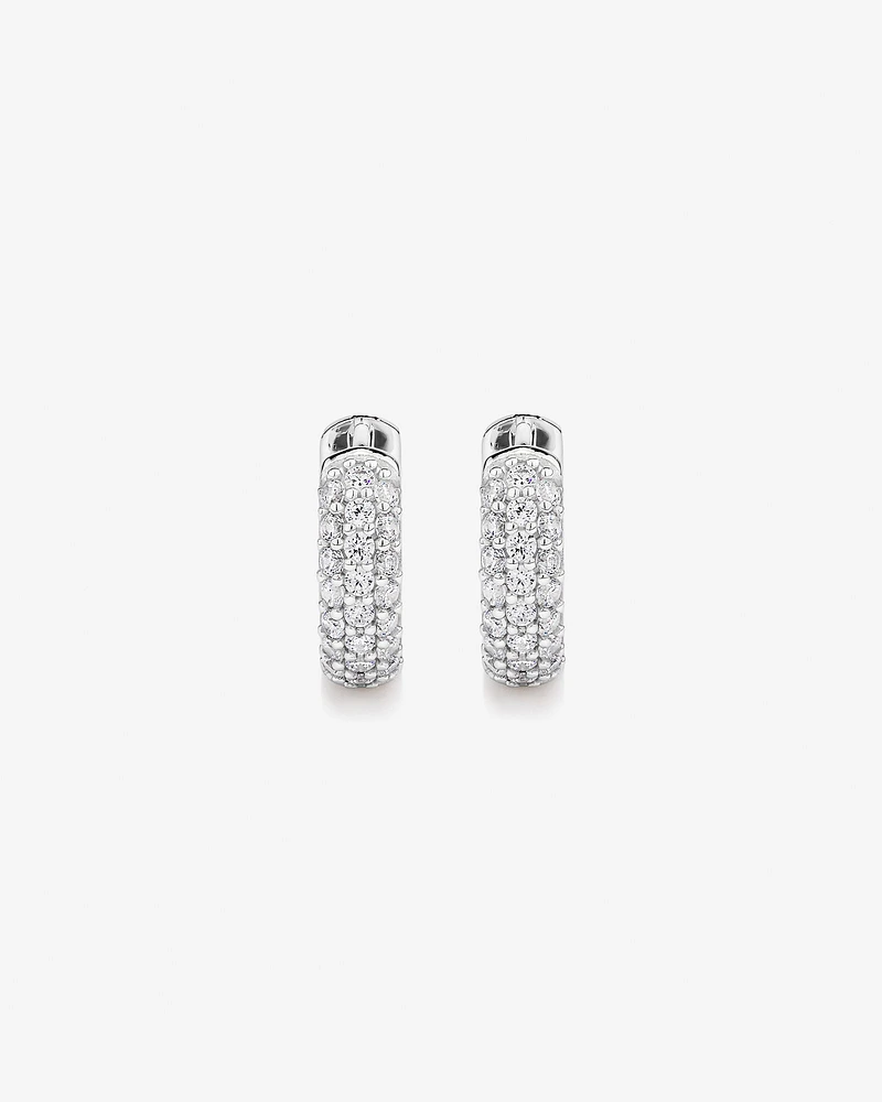 Cubic Zirconia Puff Cross Huggie Earrings in Sterling Silver