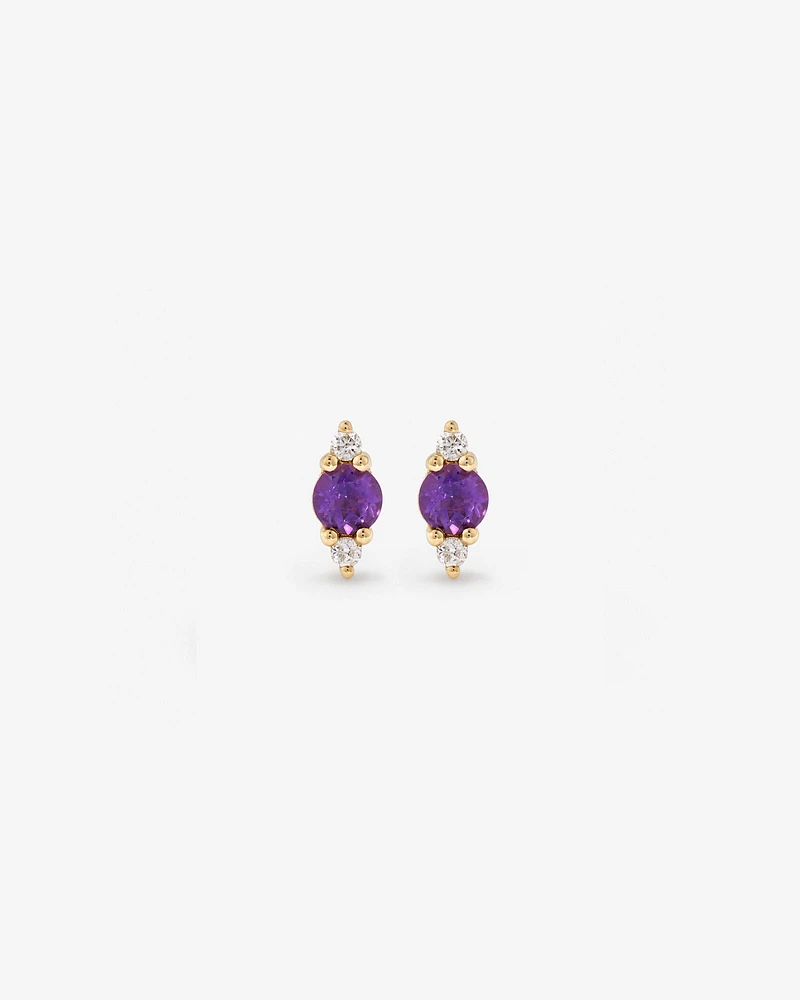 3 Stone Amethyst and Diamond Stud Earrings in 10kt Yellow Gold