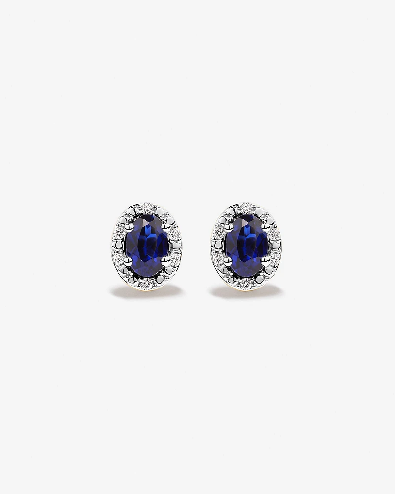 Oval Cut Blue Created Sapphire and Lab-Grown Diamond Halo Stud Earrings and Pendant Necklace Set in 10kt Yellow Gold and Rhodium