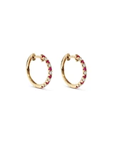 0.22 Carat TW Diamond and Created Ruby Huggie Hoop Earrings in 10kt Yellow Gold