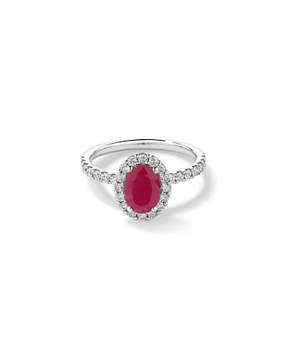 Bague Halo en Pierre Précieuse Rubis Rouge Taille Ovale et 0,60 Carat TW Diamant en Or Blanc 14 kt