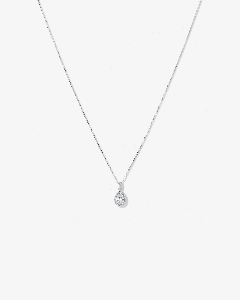 Pear Cubic Zirconia Halo Pendant Necklace in Sterling Silver