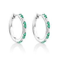 Emerald & Diamond Dot Dash Hoop Earrings with 0.14 Carat TW in 10kt White Gold