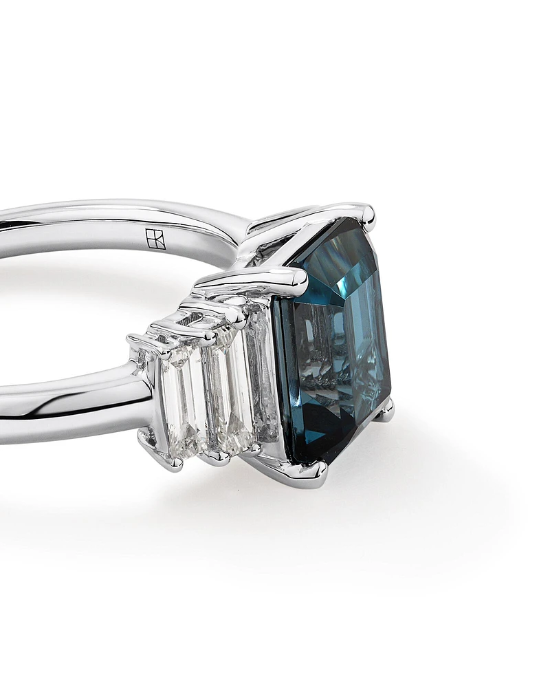 Emerald Cut London Blue Topaz Gemstone and 0.30 Carat TW Baguette Diamond Ring in 14kt White Gold