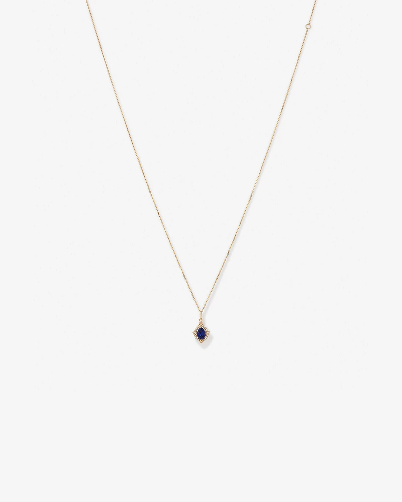 Pear Cut Created Sapphire and Diamond Halo Pendant Necklace in 10kt Yellow Gold