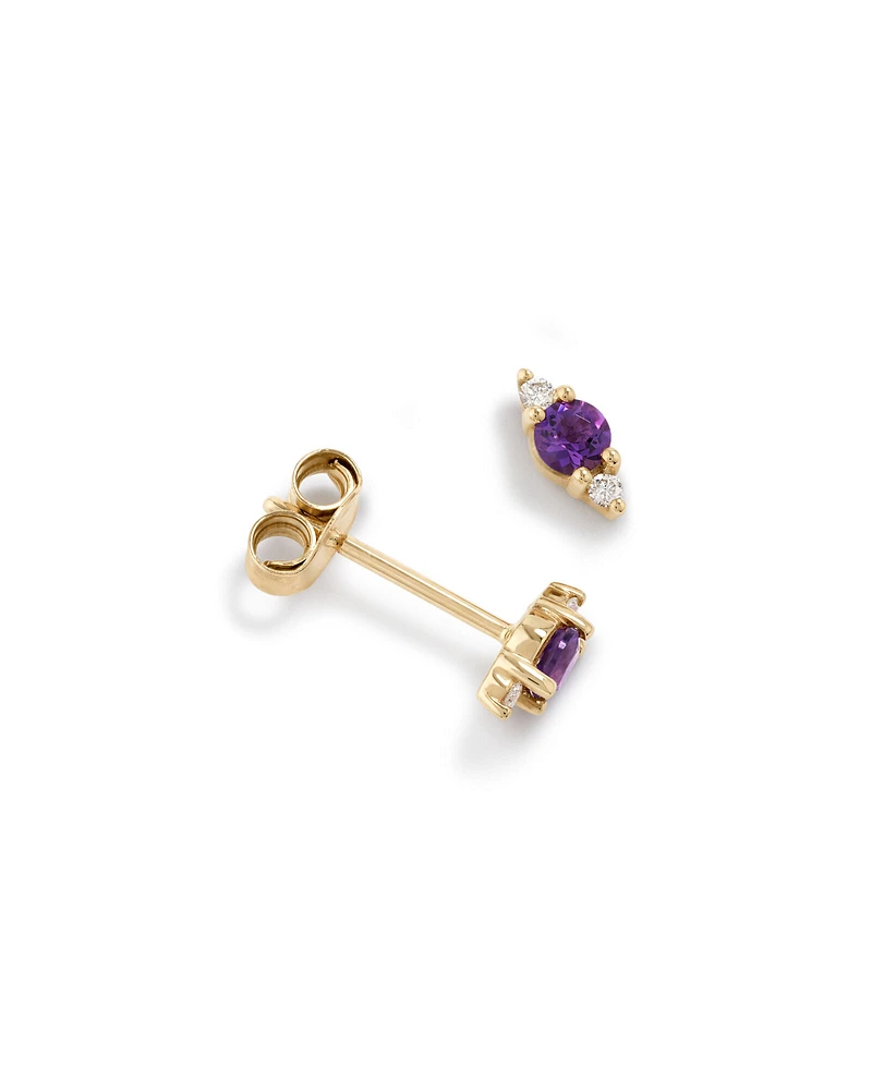 3 Stone Amethyst and Diamond Stud Earrings in 10kt Yellow Gold