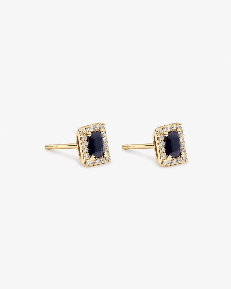 Emerald Cut Blue Sapphire Gemstone and 0.10 Carat TW Diamond Halo Stud Earrings in 10kt Yellow Gold