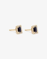 Emerald Cut Blue Sapphire Gemstone and 0.10 Carat TW Diamond Halo Stud Earrings in 10kt Yellow Gold