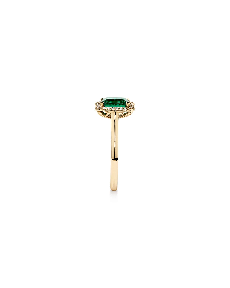 Emerald Cut Created Emerald and Diamond Halo Ring in 10kt Yellow Gold