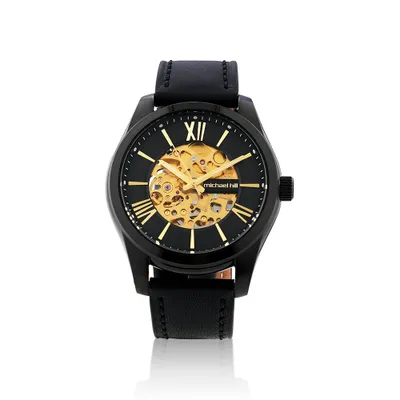 Michael Hill Automatic Skeleton Watch Gold Tone Stainless Steel And Leather