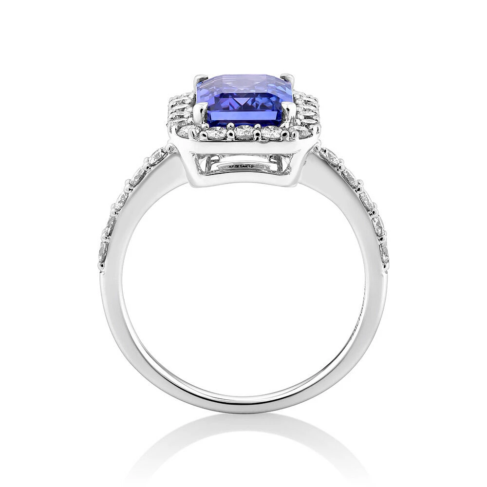 Halo Ring with Tanzanite & 0.75 Carat TW of Diamonds in 14kt White Gold