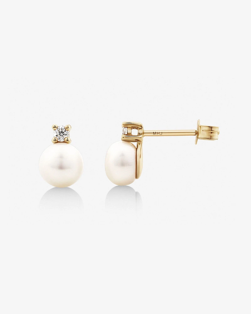 Drop Earrings with Cultured Freshwater Pearl & Diamond in 10kt Yellow Gold