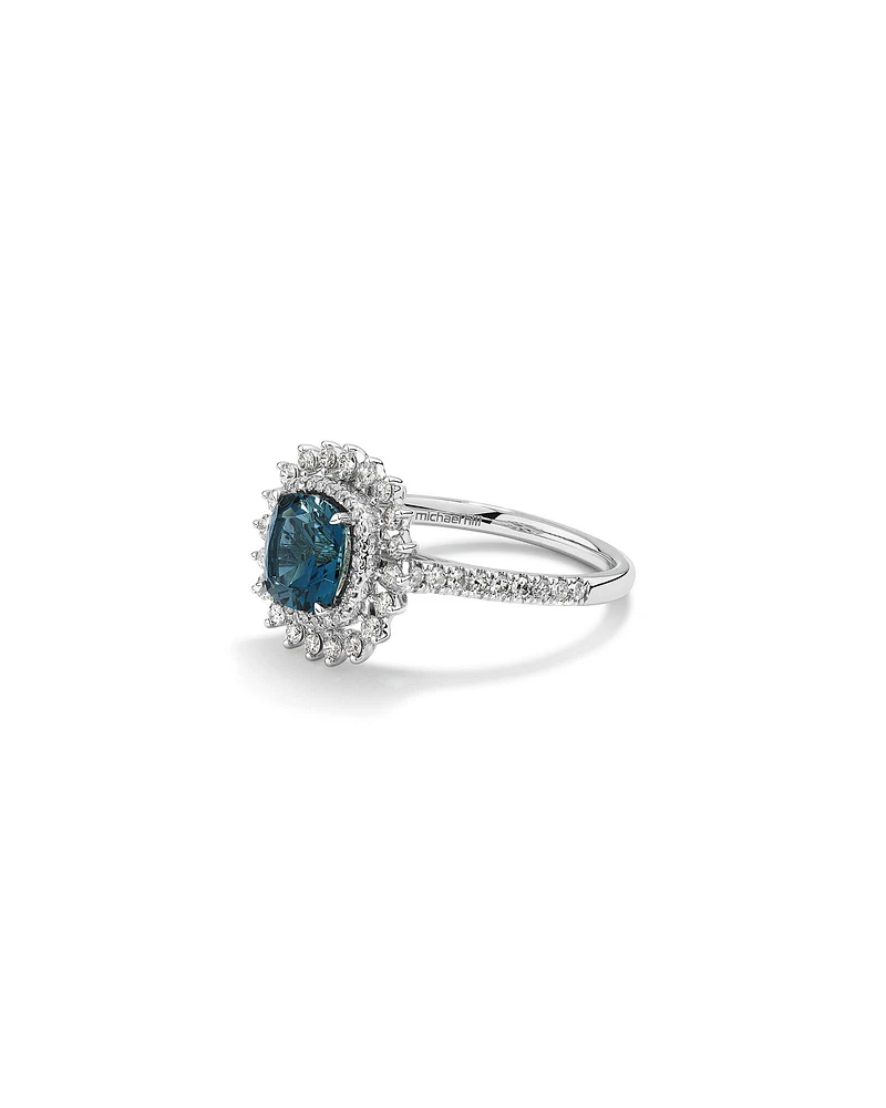 London Blue Topaz Lacy Halo Ring with .50TW of Diamonds in 10kt White Gold