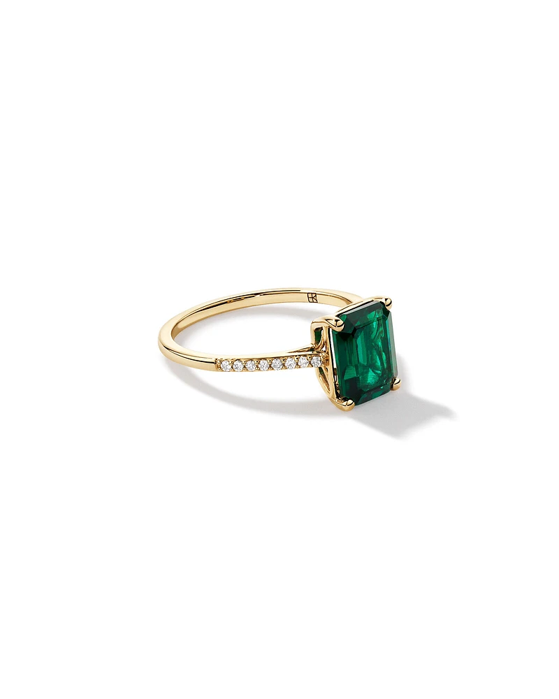 Emerald Cut Green Created Emerald Gemstone and Diamond Ring in 10kt Yellow Gold