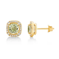 Halo Stud Earrings with Green Amethyst & 0.32 Carat TW of Diamonds in 10kt Yellow Gold