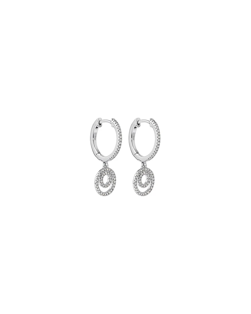 Fine Double Circle Diamond Drop Huggie Earrings in Sterling Silver