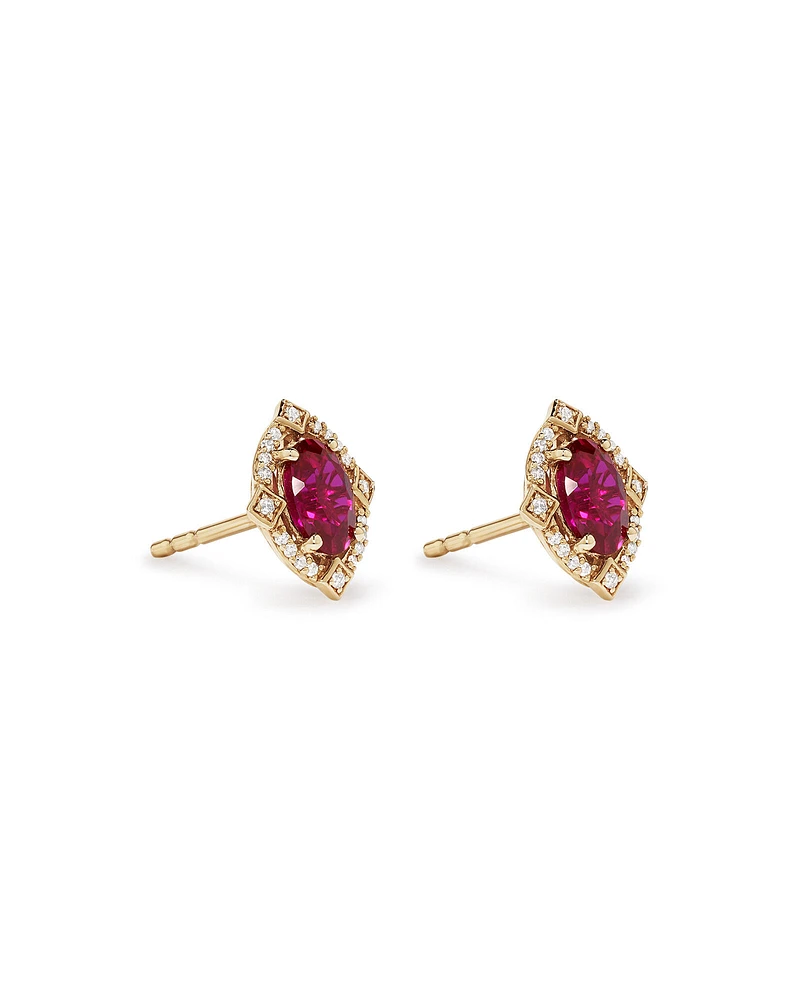 Oval Cut Created Ruby and Diamond Halo Stud Earrings in 10kt Yellow Gold