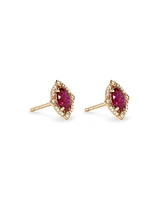 Oval Cut Created Ruby and Diamond Halo Stud Earrings in 10kt Yellow Gold