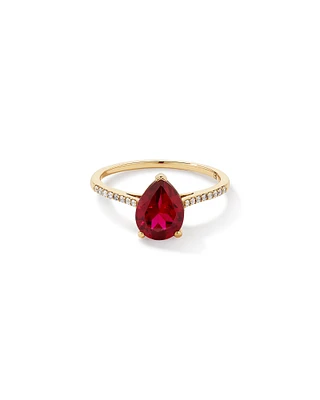 Pear Cut Red Created Ruby Gemstone and Diamond Ring in 10kt Yellow Gold