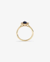 Pear Cut Created Sapphire and Diamond Halo Ring in 10kt Yellow Gold