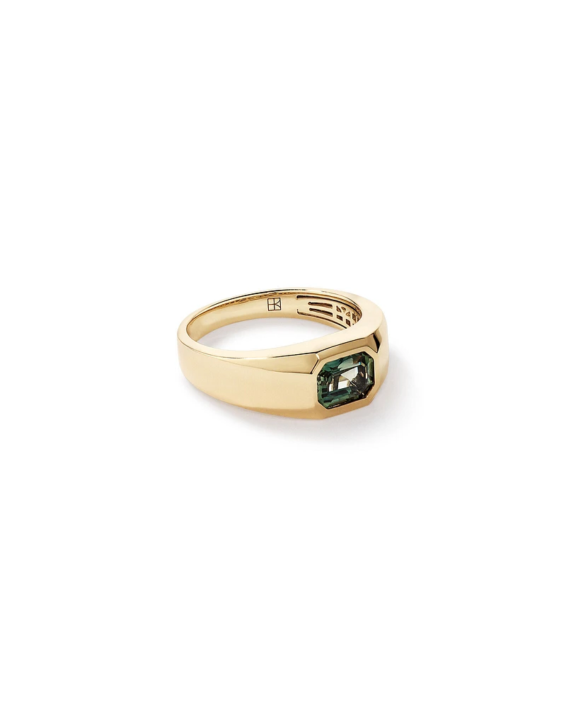 Bezel Set Green Sapphire Gemstone Solitaire Mens Ring in 10kt Yellow Gold