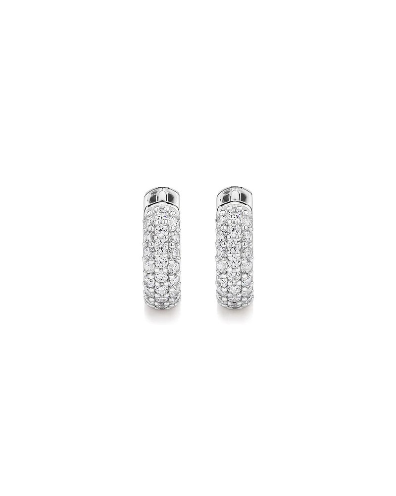 Cubic Zirconia Puff Cross Huggie Earrings in Sterling Silver