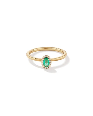 Bague Halo en Pierre Précieuse Émeraude Verte Taille Ovale et 0,08 Carat TW Diamant en Or Jaune 10 kt