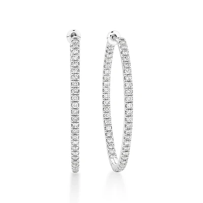 Oval Shape Hoop Earrings with 1.00ct TW of Diamonds in 10kt White Gold