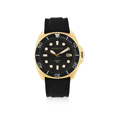 Montre Automatique Pour Hommes En Acier Inoxydable Ton Or Jaune Avec Cadran Noir Et Bracelet En Silicone