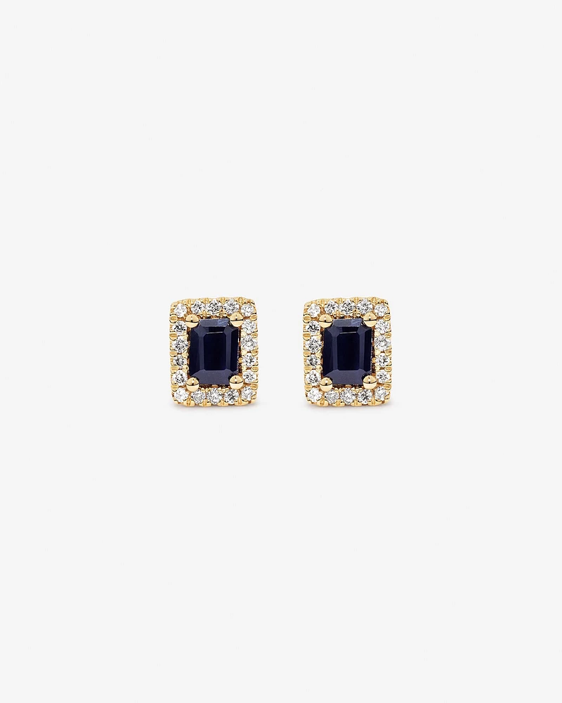 Emerald Cut Blue Sapphire Gemstone and 0.10 Carat TW Diamond Halo Stud Earrings in 10kt Yellow Gold