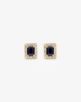 Emerald Cut Blue Sapphire Gemstone and 0.10 Carat TW Diamond Halo Stud Earrings in 10kt Yellow Gold