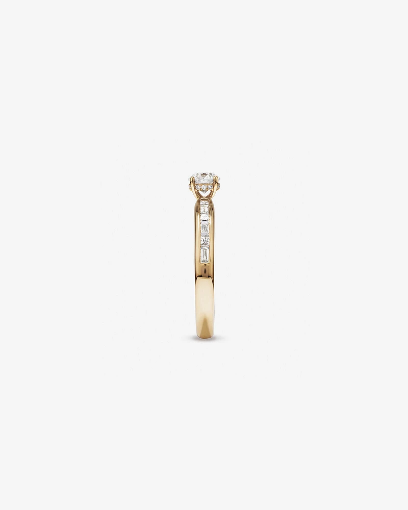 0.77 Carat TW Round Brilliant Diamond and Baguette, Princess Side Accent Engagement Ring with Hidden Halo in 14kt Yellow Gold