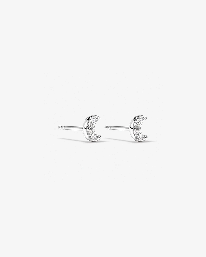 Crescent Moon Stud Earrings with Cubic Zirconia in Sterling Silver