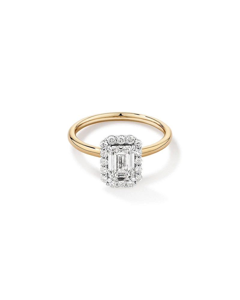 1.46 Carat TW Emerald Cut Laboratory-Grown Diamond Halo Engagement Ring in 14kt Yellow and White Gold