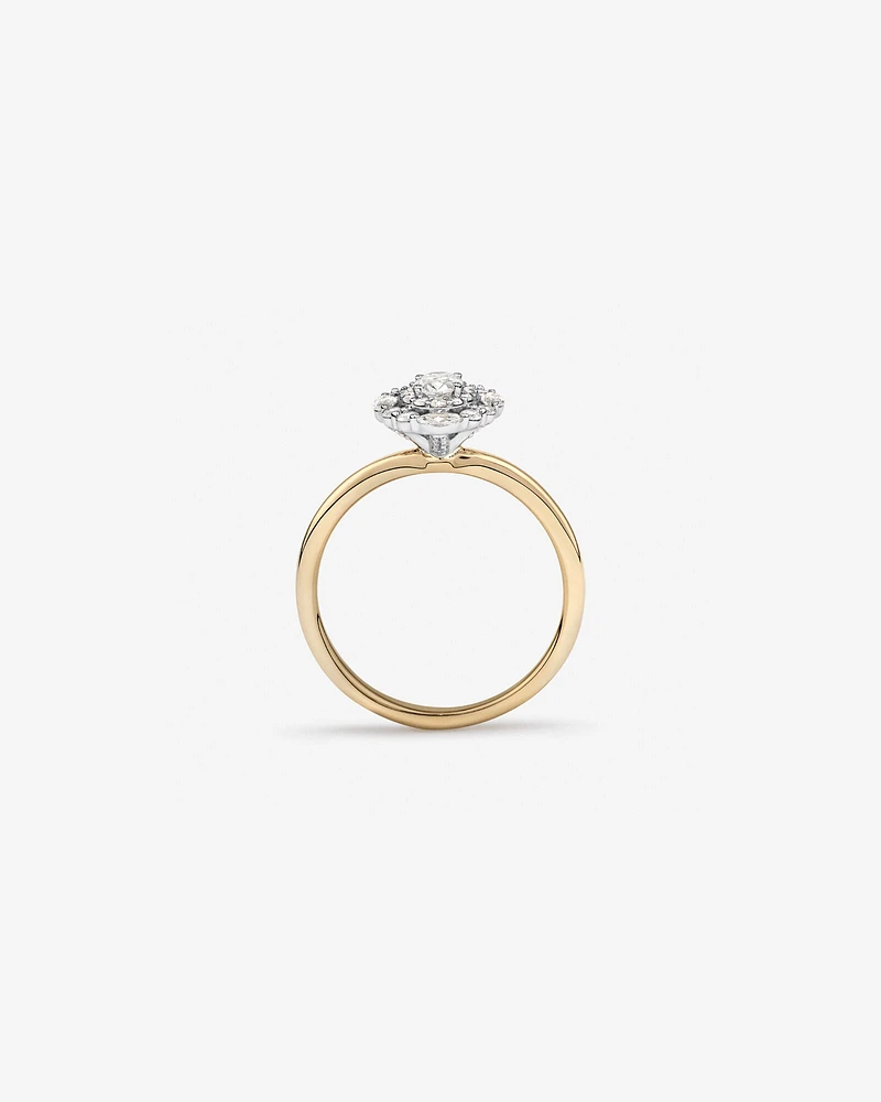 0.61 Carat TW Oval Cut Diamond Marquise and Round Brilliant Halo Engagement Ring in 14kt Yellow and White Gold