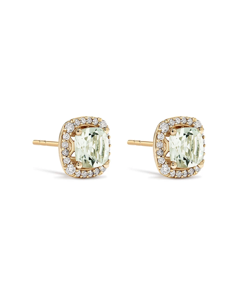 Cushion Cut Green Amethyst Gemstone and 0.32 Carat TW Diamond Halo Stud Earrings in 10kt Yellow Gold