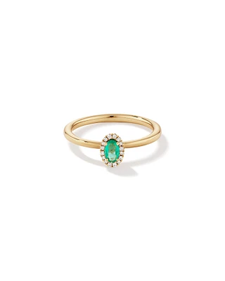 Oval Cut Green Emerald Gemstone and 0.08 Carat TW Diamond Halo Ring in 10kt Yellow Gold