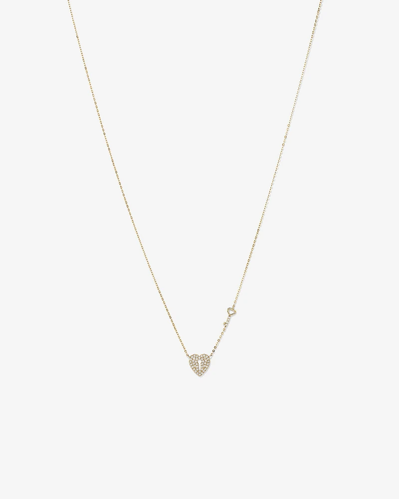 Cubic Zirconia Love Heart Lock and Key Necklace in 10kt Yellow Gold