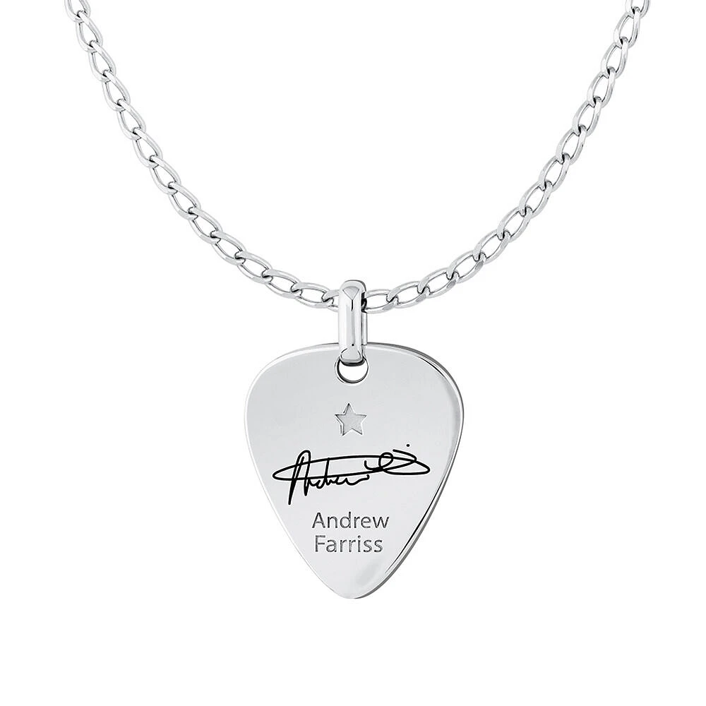 INXS Andrew Farriss Engraved Guitar Pick Pendant with Chain in Recycled Sterling Silver