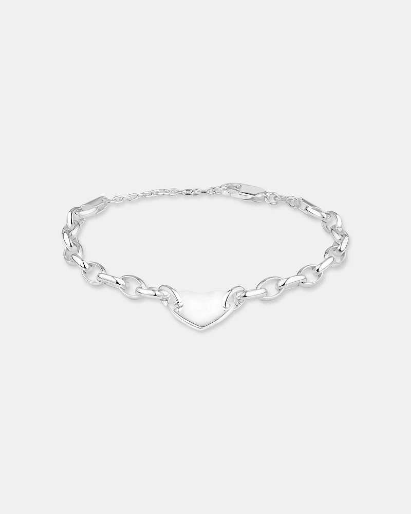 Heart Disc Oval Belcher Bracelet in Sterling Silver