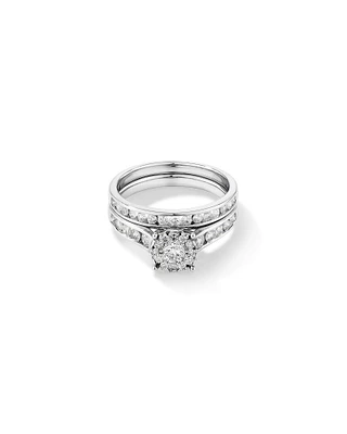 1.00 Carat TW Round Diamond Cluster Engagement Ring and Channel Set Wedding Band Bridal Set in 14kt White Gold