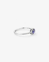 Bague Halo "East West" Avec Pierre Précieuse Tanzanite Bleue Taille Ovale Et 0,15 Carat Pt De Diamants En Or Blanc 10 Ct